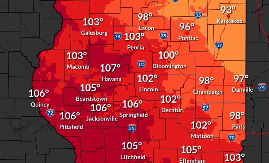 A color-coded weather map of central Illinois shows forecasted high temperatures ranging from 97°F to 107°F, with the hottest areas in the west and southwest, including Quincy, Macomb, and Springfield.