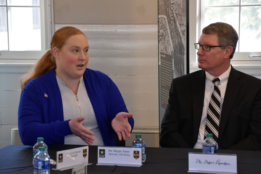 Megan Setter (left) speaks during a roundtable discussion at Fort Leonard Wood on professional license reciprocity for military spouses.