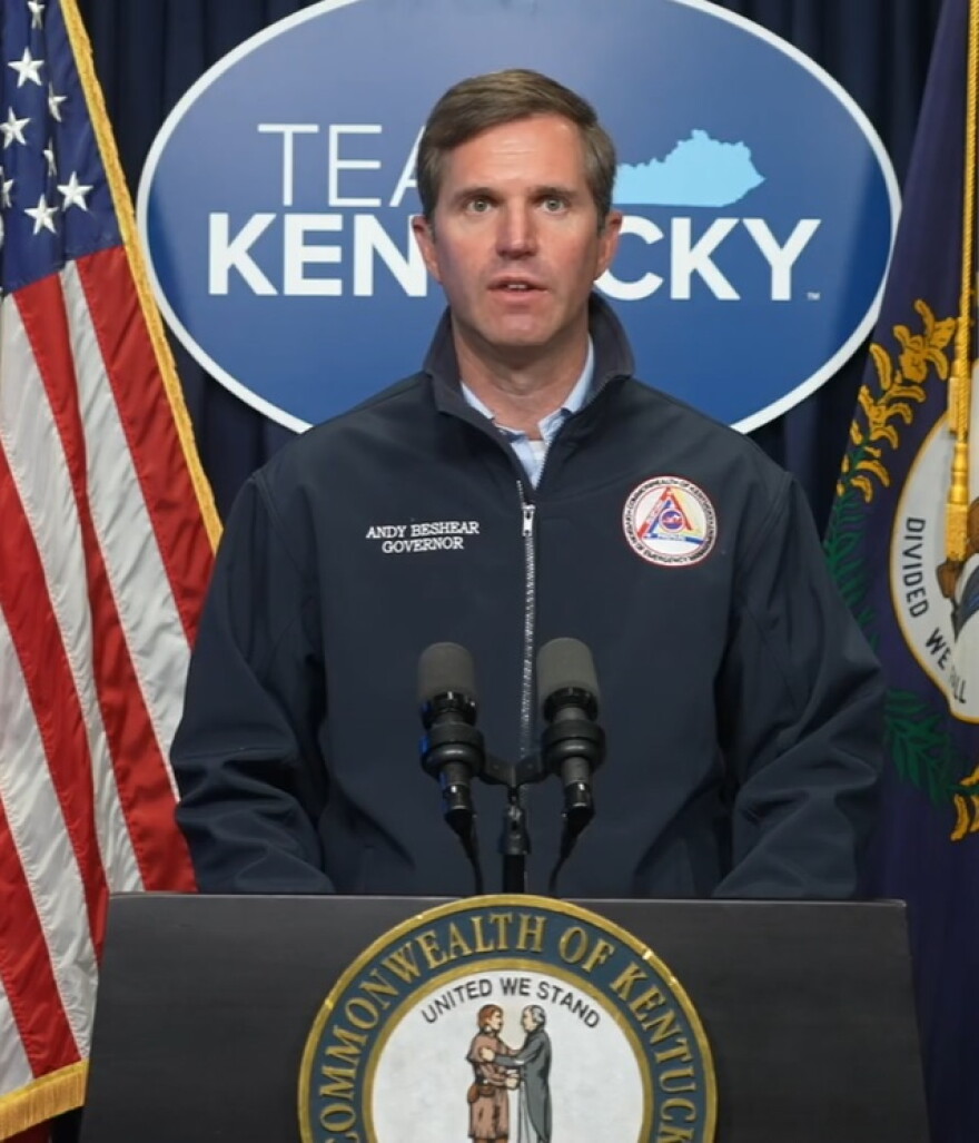 Gov. Andy Beshear during a conference updating the status of communities impacted by flooding in southeast Kentucky