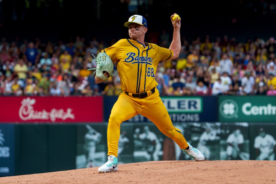 St. Louis native Noah Niznik during a baseball game between the Savannah Bananas and the Party Animals at Busch Stadium on Friday, July 18, 2025, in downtown St. Louis.
