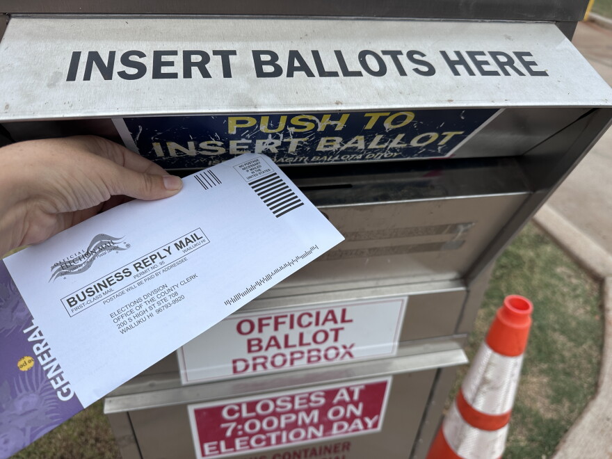 An official ballot drop box is seen at the Mitchell Pau'ole Center on Molokaʻi on Tuesday, Oct. 27, 2026.