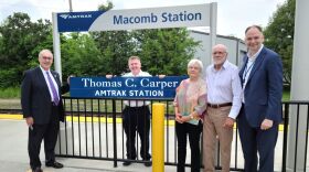 Mayor Mike Inman, Fire Chief Dan Meyer, Gayle Carper, Tom Carper, and Amtrak CEO Stephen Gardner (left to right) following the ceremony.
