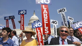 FILE - John Holman, of Denver, Colo., right, and others with the group "No Labels" take part in a rally on Capitol Hill in Washington, July 18, 2011. North Carolina voters could have another presidential ticket to choose from in 2024 now that state election officials have formally granted the “No Labels” movement a spot on the ballot. The State Board of Elections voted 4-1 on Sunday, Aug. 13, 2023, to recognize the No Labels Party as an official North Carolina party following a successful petition effort. (AP Photo/Jacquelyn Martin, File)