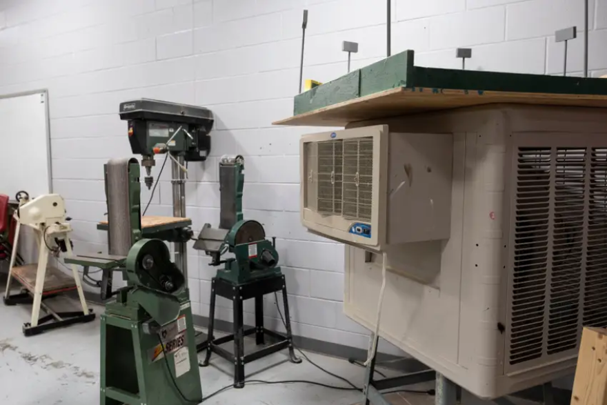 A swamp cooler is the only equipment to cool the shop room at Alpine Middle School. The yawning gap between the money the small West Texas school district needs and the funds it gets could lead to bankruptcy in a few years, Alpine ISD Superintendent Michelle Rinehart said.