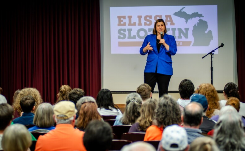 U.S. Representative Elissa Slotkin, the Democrat running for Michigan's open U.S. Senate seat, speaks at a campaign event at Central Michigan University on Thursday, October 17, 2024.