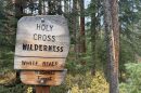 A sign that shows "Holy Cross Wilderness" in front of a forest.