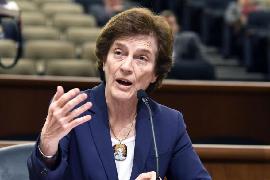 FILE - Elizabeth Holtzman speaks to New York legislative leaders on May 15, 2018, in Albany, N.Y. Holtzman was the youngest woman ever elected to Congress when she won a House seat in 1972 at age 31 and went on to serve as Brooklyn district attorney and New York City comptroller. (AP Photo/Hans Pennink, File)