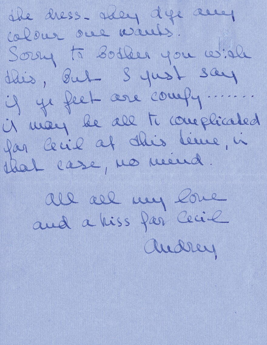 In a letter to the director of <em>My Fair Lady</em>, Audrey Hepburn asks for costume designer Cecil Beaton to send her the designs for her footwear — such that her bootmaker could replicate them. A replication of the note appears in <em>Letters from Hollywood.</em>