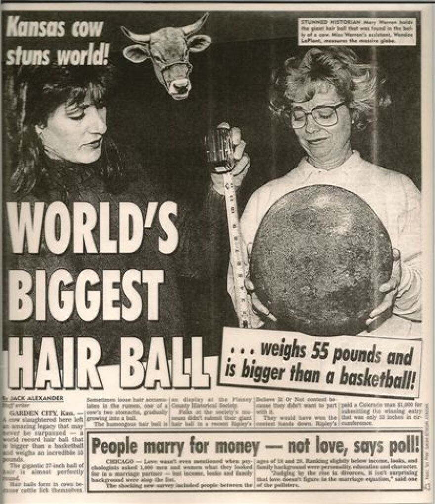 Weekly World News cover featuring the world's largest hairball