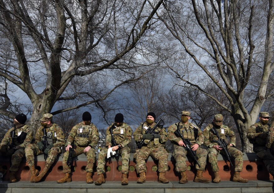 National Guard troops provide security at the U.S. Capitol for the upcoming inauguration for President-elect Joe Biden amid threats by extremist supporters of Donald Trump in Washington DC on January 17, 2021. There were threats to storm capitols in all 50 states but the day remained quiet.