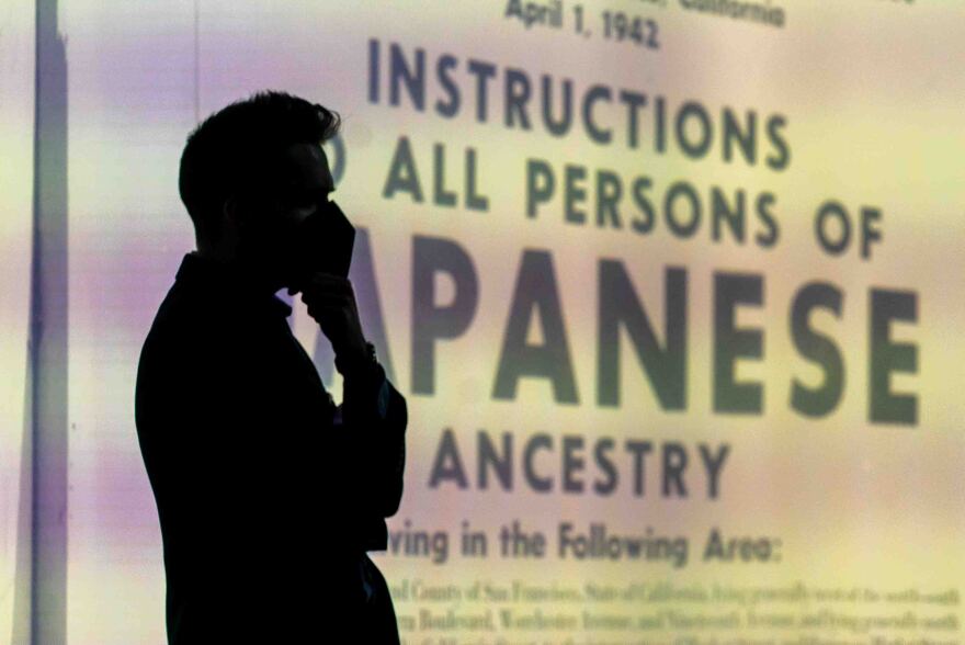 The silhouette of a man stands in front of a large graphic of an image of the Executive Order 9066. The words "Instructions to all persons of Japanese Ancestry..." are prominent.