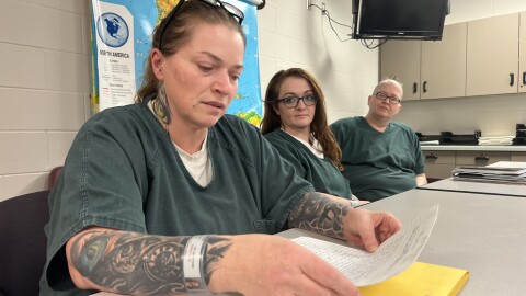 Cassie Oliveira reads from an autobiographical essay she wrote for a memoir class at the Barnstable County Correctional Facility, Jan. 8, 2026.