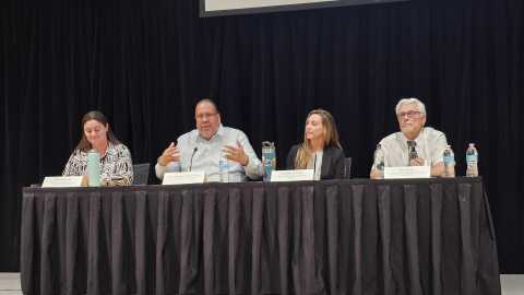 (From left) Kim Schonek, Gov. Stephen Roe Lewis, Lauren Hixson and Ron Doba at a KJZZ water panel in Tempe on Wednesday, June 25, 2025.