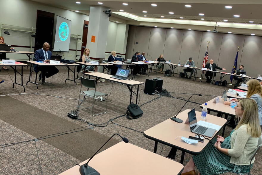 The Indiana State Budget Committee meets in person while observing proper social distancing guidelines.
