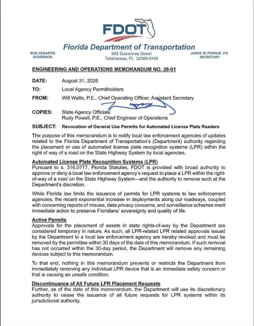 The Florida Department of Transportation (FDOT) issued a directive revoking existing permits for Automated License Plate Reader (ALPR) cameras, commonly referred to by the brand name "Flock cameras" that are installed within state highway rights-of-way.
