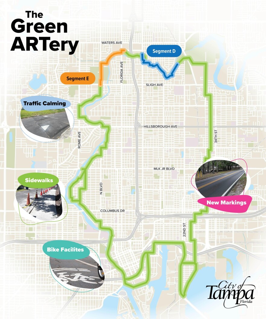 A map that shows where the first two segments of Tampa's GreenARTery will be.