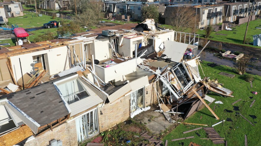 An aerial view from a drone shows a damaged apartment complex on Saturday in Lake Charles, La. The area took a direct hit.