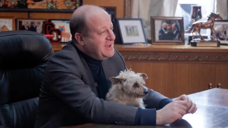 Gov. Jared Polis and his dog, Gia, in the governor's office at the Colorado Capitol.