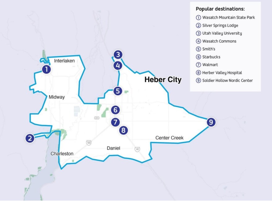 This chart shows where microtransit shuttles take passengers within the Heber Valley, including the most popular destinations. Unlike the 106 bus, microtransit shuttles do not take passengers across county lines. There are also Summit County microtransit shuttles that deliver passengers to Summit County locations.