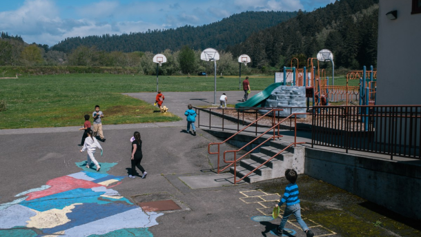 Students head outside to play frisbee golf at Orick School in Orick on April 2, 2026. Nine students attend the school, which ranges from kindergarten to eighth grade.