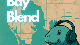 Art image says The Bay Blend over a map of Pinellas and Hillsborough counties with green water, and a green manatee wearing headlines and holding a white coffee cup with a WUSF logo