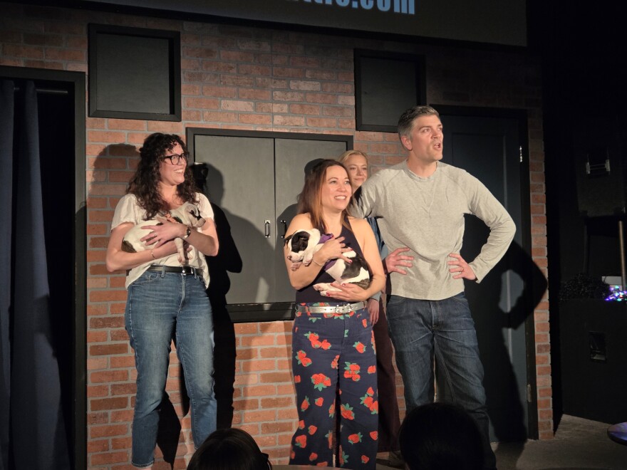 People on a stage hold puppies.