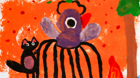 a child's painting of a black cat and a purple bird-spider in front of an orange background with a tree off to the side.