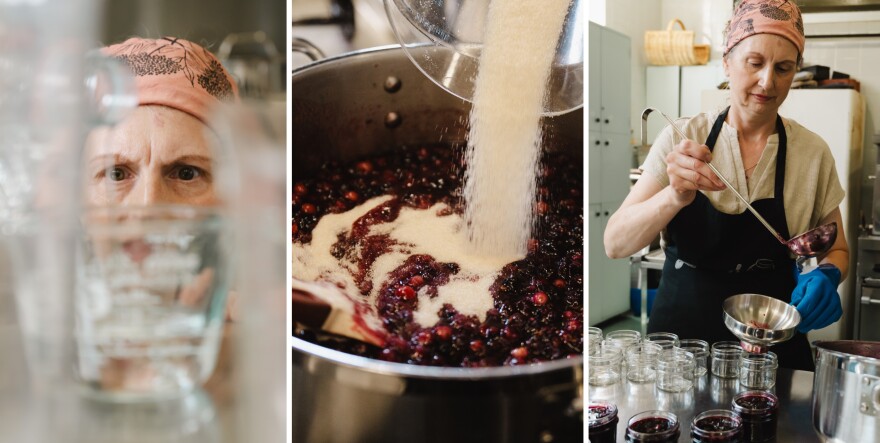 Cindy Higgerson measures water, pours sugar and scoops while preparing her seasonal juneberry jam at the church kitchen she works out of on Wednesday, June 3, 2026, in St. Louis’ Lindenwood Park neighborhood.