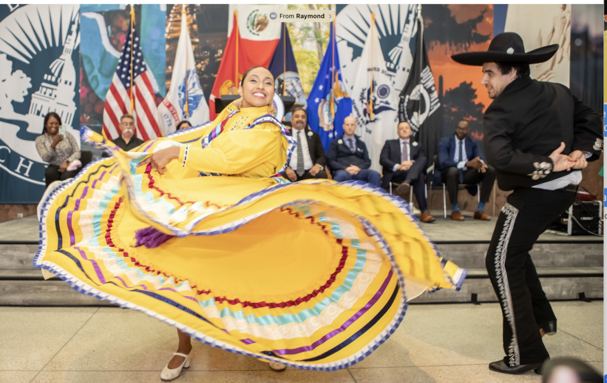 This is a photo of dancers at the 2024 kickoff event at Lansing City Hall for National Hispanic Heritage Month.