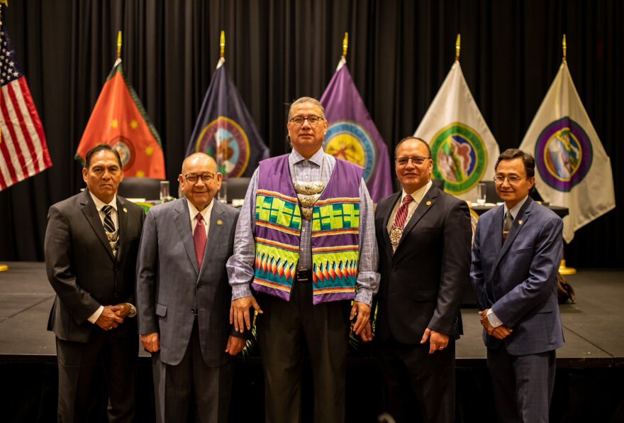 Leaders of the Five Tribes (left to right): Muscogee Nation Principal Chief David Hill, Chickasaw Nation Governor Bill Anoatubby, Seminole Nation Chief Lewis Johnson, Choctaw Nation Chief Gary Batton and Cherokee Nation Principal Chief Chuck Hoskin Jr.