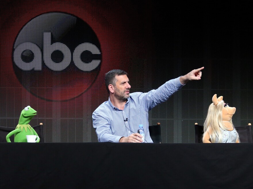 Kermit the Frog, writer/executive producer Bob Kushell and Miss Piggy answer questions from journalists at the 2015 Summer TCA Tour.