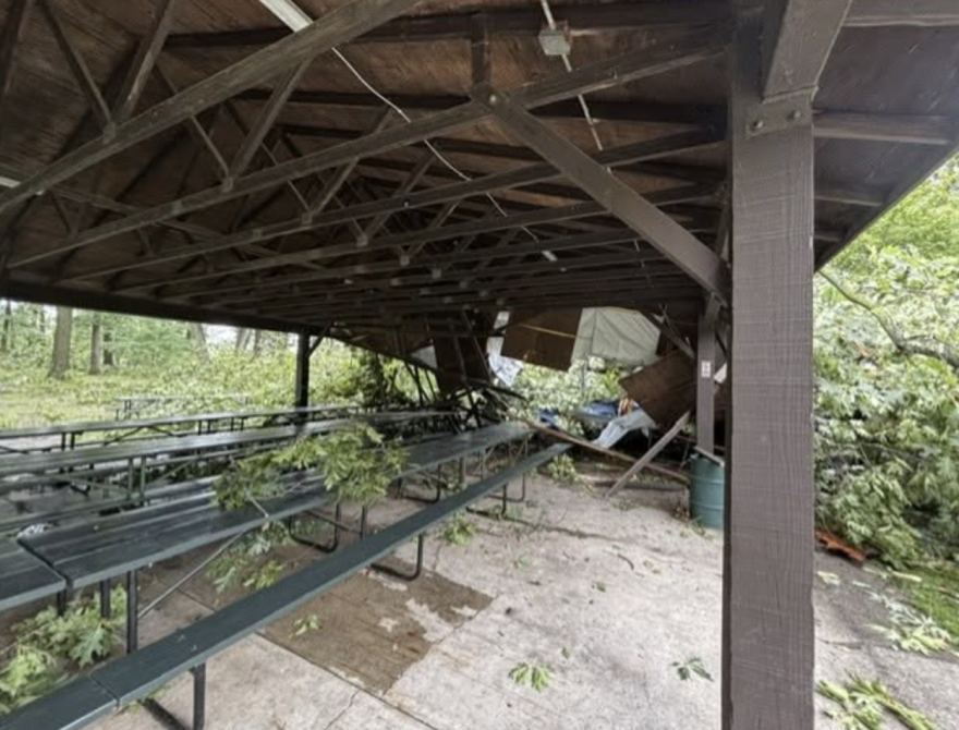 Part of the main shelter at Lake Lansing Park South collapsed after severe storms swept through Ingham County on Thursday, Sept. 3, 2026. Officials say the damaged portion will remain unusable for the rest of the season.