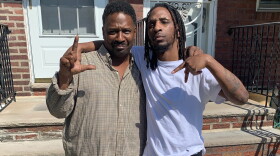 Hassan Bennett (right) stands with his father after being acquitted of second-degree murder. The "LA" sign they are holding up represents Lansdowne Avenue, the Philadelphia neighborhood where they were both raised. (Courtesy of Hassan Bennett)