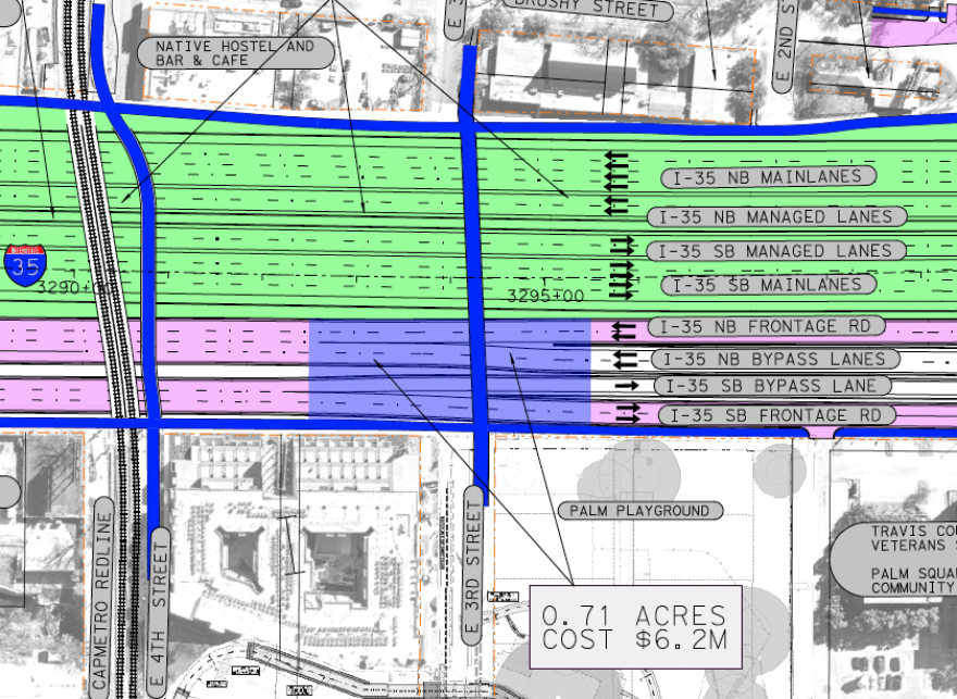 A schematic showing a blue rectangle covering part of the I-35 frontage roads near third street.