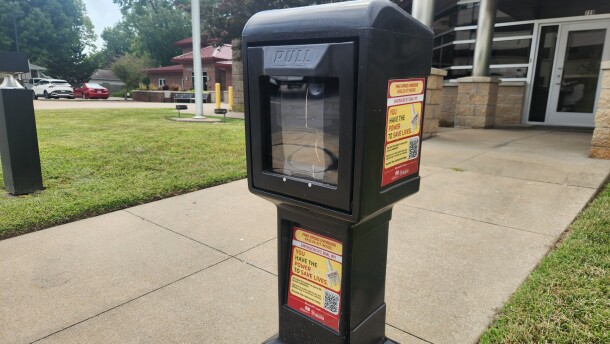 A Naloxone Resource Distribution Box at a fire station on E. Grand St. in Springfield, Mo. on August 6, 2026.