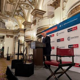 House Speaker Ron Mariano speaks at the Greater Boston Chamber of Commerce's 2026 Government Affairs Forum at the Fairmont Copley Plaza Boston on April 9, 2026. 