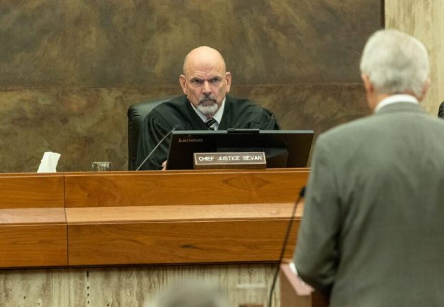 Chief Justice G. Richard Bevan listens to oral arguments at the Idaho Supreme Court on Friday, Jan. 23, 2026, in Boise.