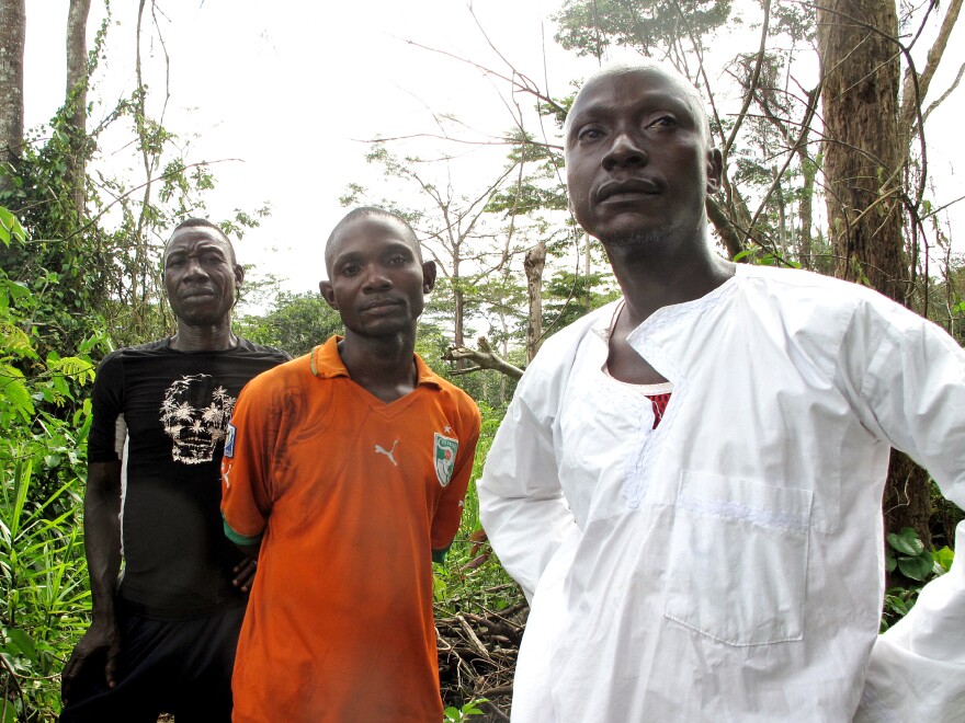 Thieu Patrice, Tan Benjamin and village chief Gueu Denis of Gahapleu, Ivory Coast, stand on the path to Liberia.