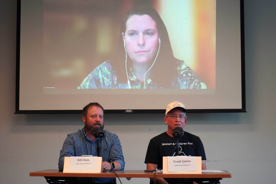 Incumbent Alaska House of Representatives District 8 Rep. Bill Elam and challengers Frank Quinn and Nissa Savage participate in a candidate forum hosted by KDLL 91.9 FM at the Soldotna Public Library in Soldotna, Alaska, on Thursday, Sept. 3, 2026.