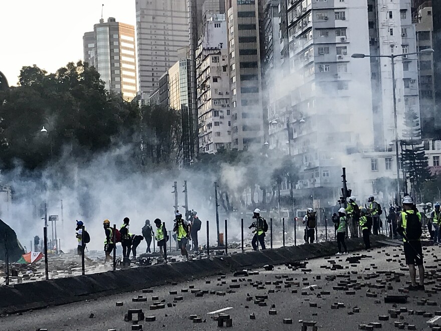 Police answered gasoline bombs hurled at them with rounds of tear gas.