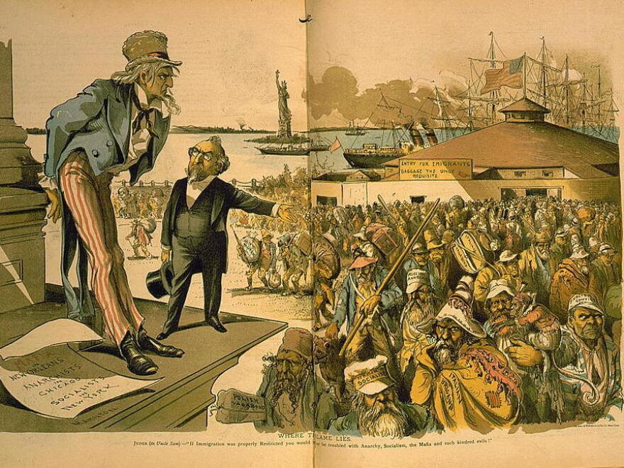 A cartoon, published in 1891, titled "Where the Blame Lies." shows a man gesturing toward a crowd of immigrants — including the "German socialist," "Italian brigand" and "English convict." The gesturing man tells a sagging Uncle Sam: "If Immigration was properly Restricted you would no longer be troubled with Anarchy, Socialism, the Mafia and such kindred evils!"