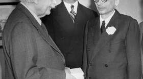 Albert Einstein, left, presents the first Albert Einstein Award for achievement in the natural sciences, to Prof. Kurt Godel, second from right, and Prof. Julian Schwinger, right, at Princeton, N.J., March 14, 1951, Einstein's 72nd birthday. Second from left is Lewis L. Strauss, president of the board of the Institute for Advanced Study at Princeton, donor of the award established in memory of the late Lewis and Rose Strauss of Richmond, Va., his parents. Godel is a member of the Institute and Schwinger is a member of the faculty of Harvard University. The award carries a $15,000 grant. (AP Photo)