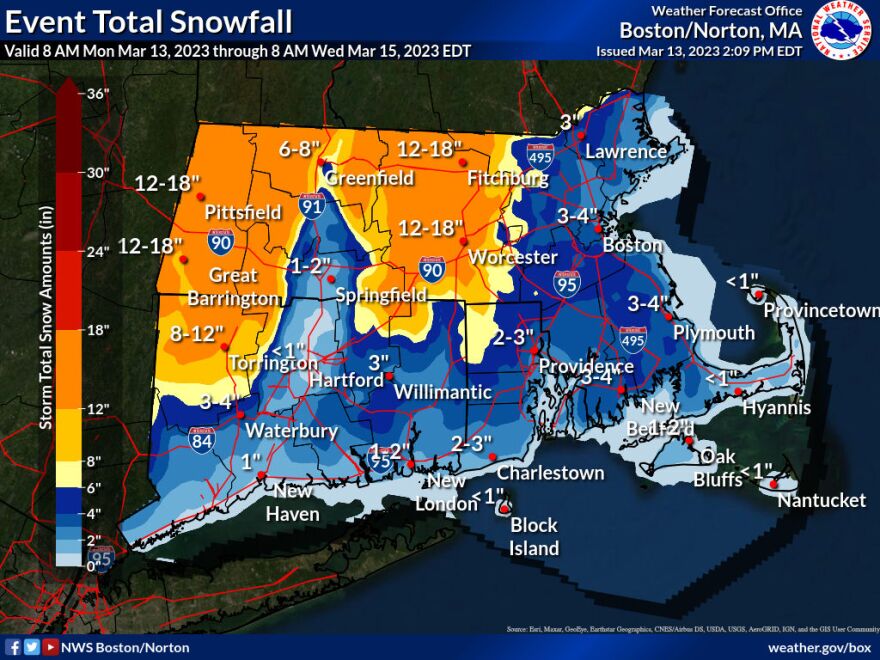 The National Weather Service's forecast for snowfall in Massachusetts as of Monday afternoon.