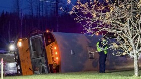 Matanuska-Susitna Borough School District Bus 33 tipped over in icy road conditions while traveling in Wasilla on Dec. 2, 2025. Nine children were on board, and no serious injuries were reported.