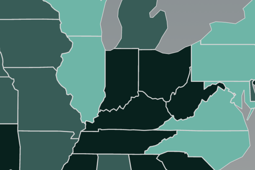 A closeup of a map from the report. The darker the state is shown on the map, the less prepared it is for the health effects of climate change.