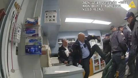 This image provided by the New York State Attorney General's office shows body camera footage of correction officers beating a handcuffed man, Robert Brooks, 43, at the Marcy Correctional Facility in Oneida County on Dec. 9, 2024.