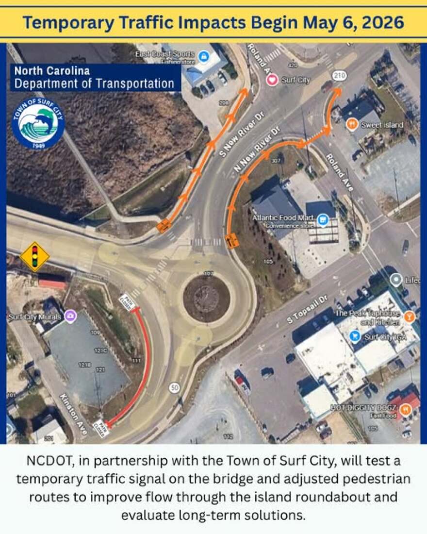 Beginning next Wednesday, drivers crossing the Surf City Bridge onto the island will face a temporary traffic signal before entering the roundabout at N.C. 50 and 210. The goal is to stop bridge traffic periodically, giving vehicles already on the island more time to clear the intersection and reducing the gridlock on North New River and South Topsail Drives.