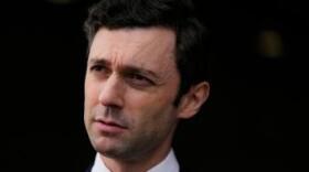 FILE - Sen. Jon Ossoff, D-Ga., speaks during an interview at Dobbins Air Reserve Base, Saturday, April 26, 2025, in Marietta, Ga. (AP Photo/Brynn Anderson, File)