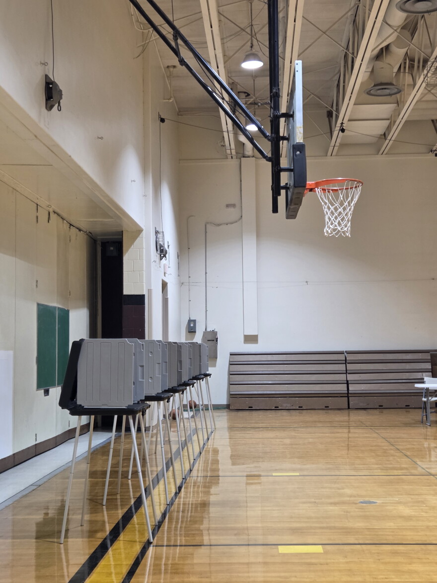 Voting booths are lined up in the Wes Westrum Gymnasium at Clearbrook City Hall for Primary Election Day, Aug. 11, 2026.
