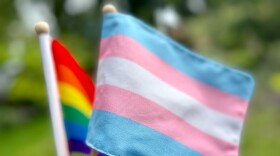 FILE - The rainbow flag, also known as the gay pride flag, is a symbol of LGBT and queer pride, left, along with the transgender flag, right, pictured in 2022.